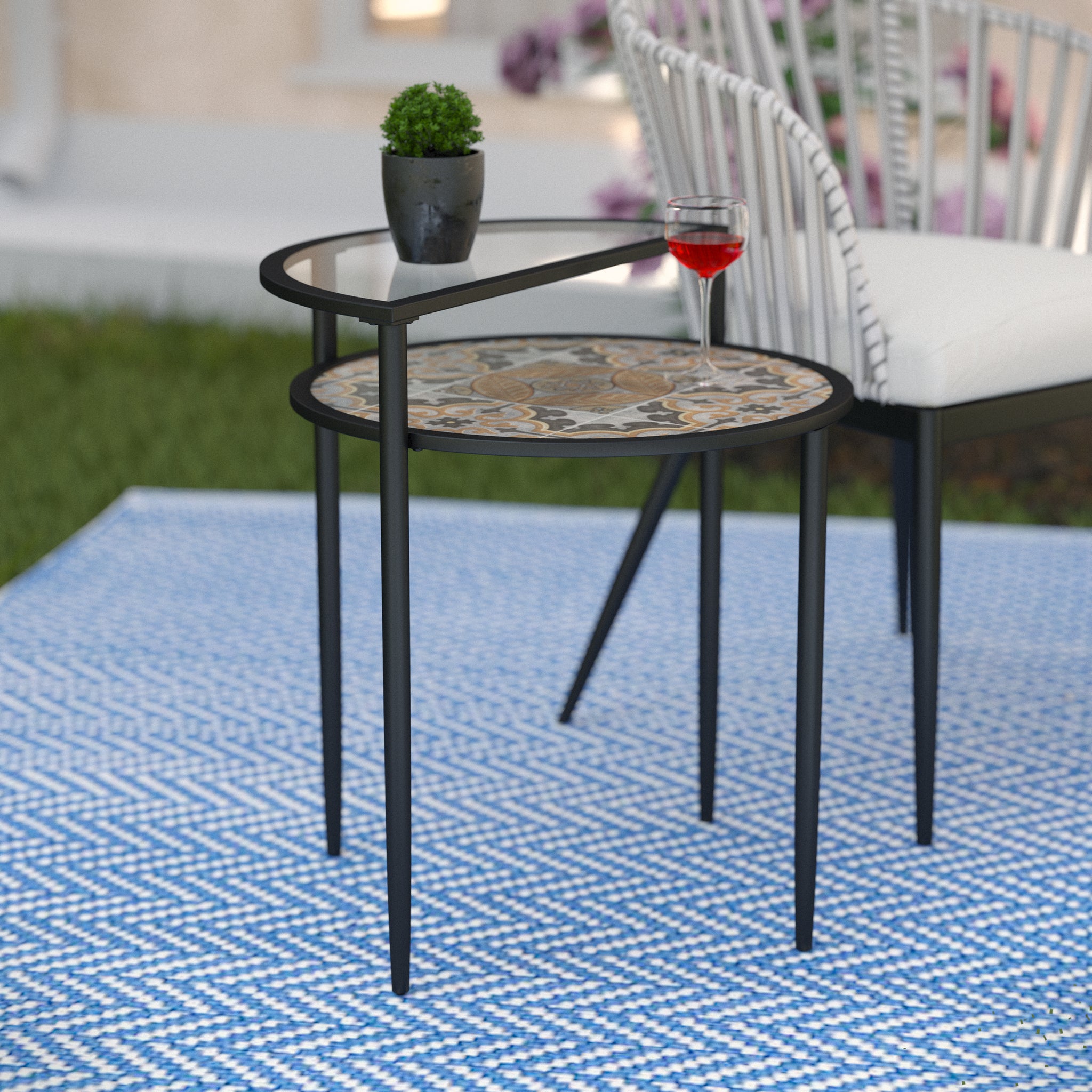Outdoor side table with tiered glass shelf Image 1